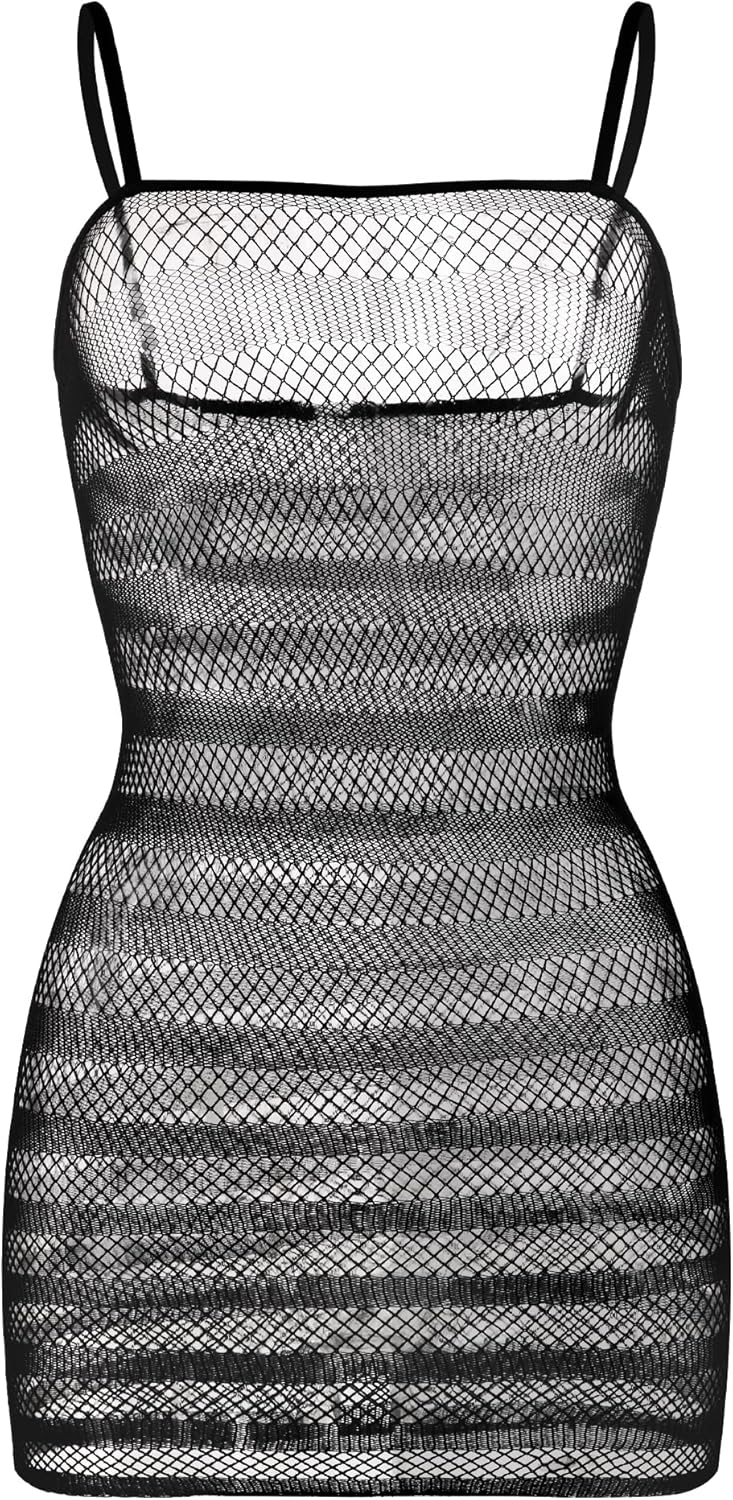 Womens Fishnet Lingerie Sexy Dress Sheer Mesh Bodycon Transparent Striped Babydoll Sleeveless Mini Chemise Stretch Underwear Stripper Outfit Hollow Out Beach Cover Up Black