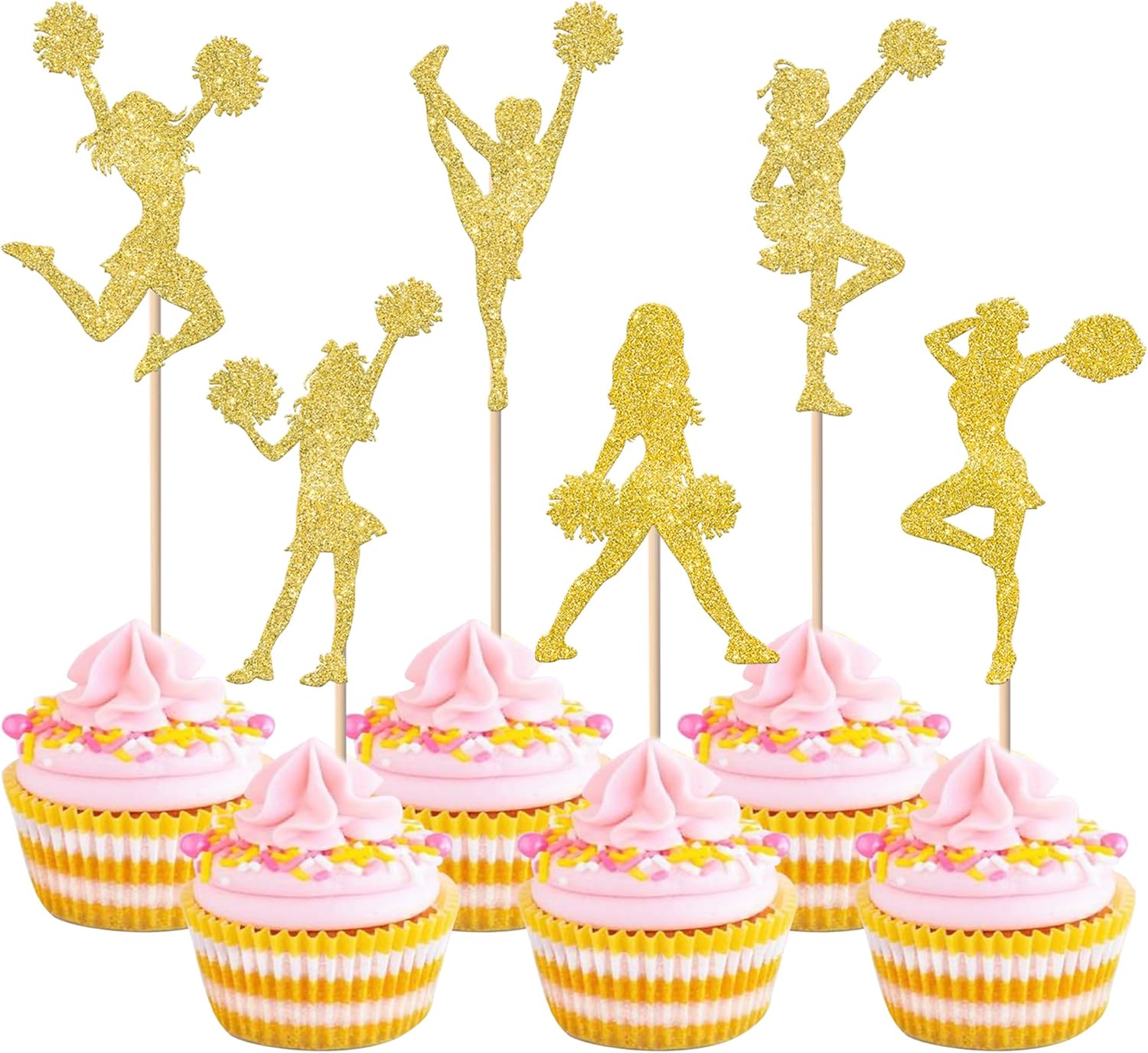 Rsstarxi 36 Pack Gold Cheerleader Cupcake Toppers Glitter Cheer Team Gymnastics Cupcake Picks Decoration for Gymnast Girls Birthday Wedding Party Cake Decorations Supplies