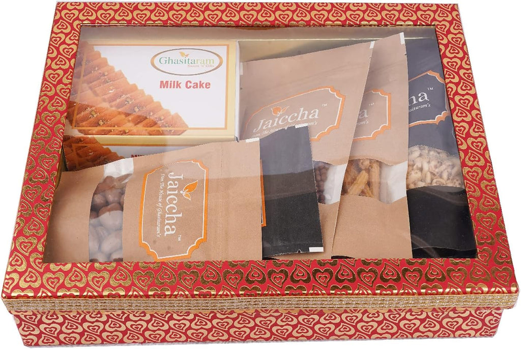 Jaiccha Ghasitaram Basket Hamper-Hamper Box 6 Goodies with Milk Cake |Gift for Diwali,Holi,Rakhi,Valentine,Christmas,Birthday,Anniversary,Her,Him|
