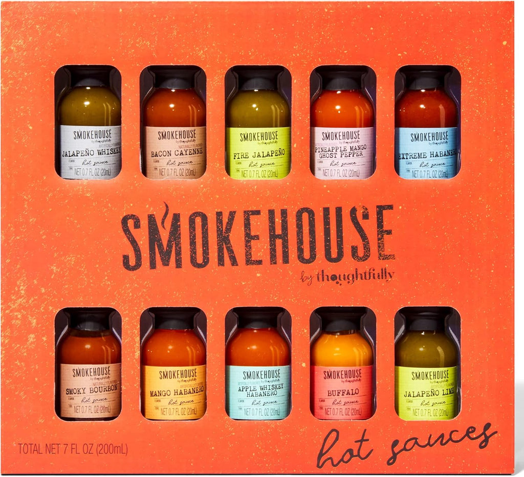 Smokehouse by Thoughtfully, Gourmet Hot Sauce Gift Set, Flavors Include Mango Habanero, Buffalo, Bacon Cayenne, Smoky Bourbon, Fire Jalapeño and More, Hot Sauce Variety Pack, Set of 10