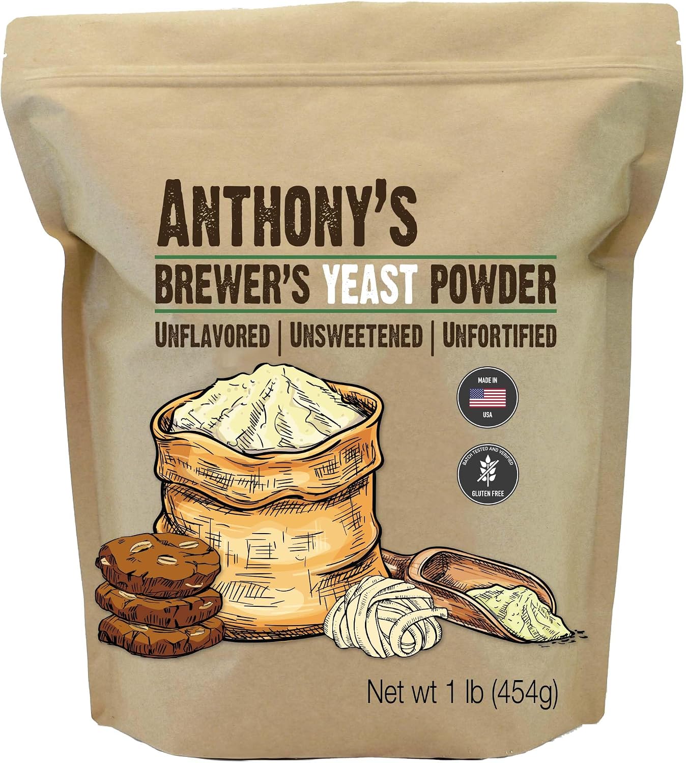Anthony's Brewer's Yeast, 1 lb, Made in USA, Gluten Free, For Lactation Support, Unflavored, Unsweetened