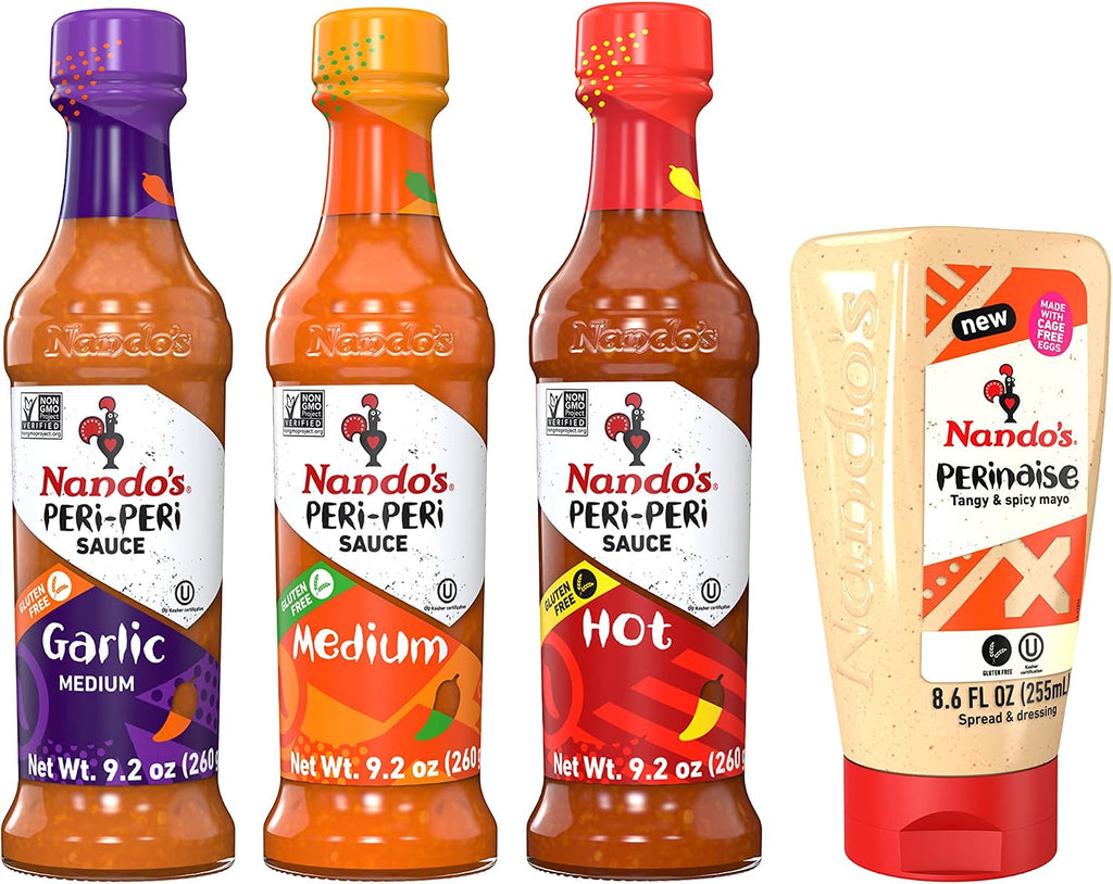 Nando's PERi-PERi Sauce Mixed Pack - Medium, Hot, Garlic, and PERinaise Original | Gluten Free | Non GMO, 9.1 oz and 8.6 oz (4 Pack)