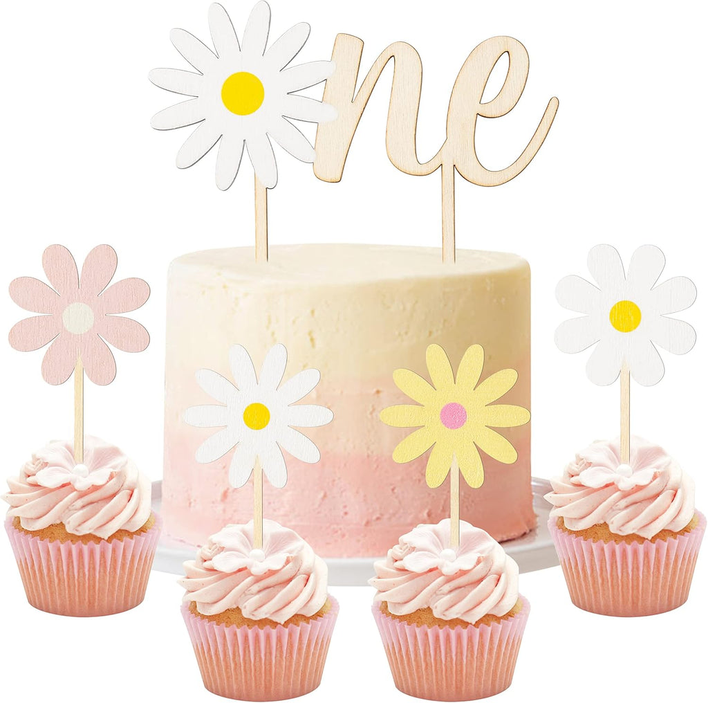 Daisy ONE Cake Topper - 5Pcs Wood Painted Colorful Boho Groovy Daisy Flower Dessert Cupcake Topper Food Safe Cake Picks Cheers Decorations Featuring Baby Shower Kids Birthday Party Supplies