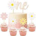 Daisy ONE Cake Topper - 5Pcs Wood Painted Colorful Boho Groovy Daisy Flower Dessert Cupcake Topper Food Safe Cake Picks Cheers Decorations Featuring Baby Shower Kids Birthday Party Supplies