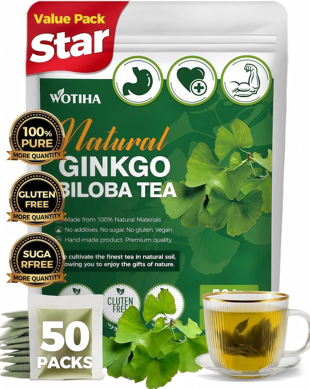 WOTIHA 50 Count Premium Ginkgo Biloba Tea Bags - 100% Pure Ginkgo Biloba Leaves, Supports Memory & Focus, Vision Health & Immunity, Caffeine-Free, Additive-Free, Sugar-Free, Vegan Non-GMO