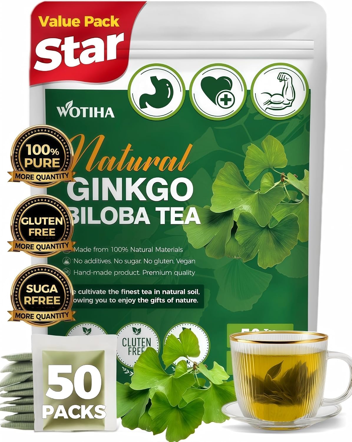 WOTIHA 50 Count Premium Ginkgo Biloba Tea Bags - 100% Pure Ginkgo Biloba Leaves, Supports Memory & Focus, Vision Health & Immunity, Caffeine-Free, Additive-Free, Sugar-Free, Vegan Non-GMO