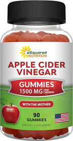 aSquared Nutrition Apple Cider Vinegar Gummies - 1500mg Per Serving - with The Mother - 90 ACV Gummies w/Vitamin B6 & B12, Folic Acid - Vegan Gummy Supplement Alternative to Capsules Pills & Drink