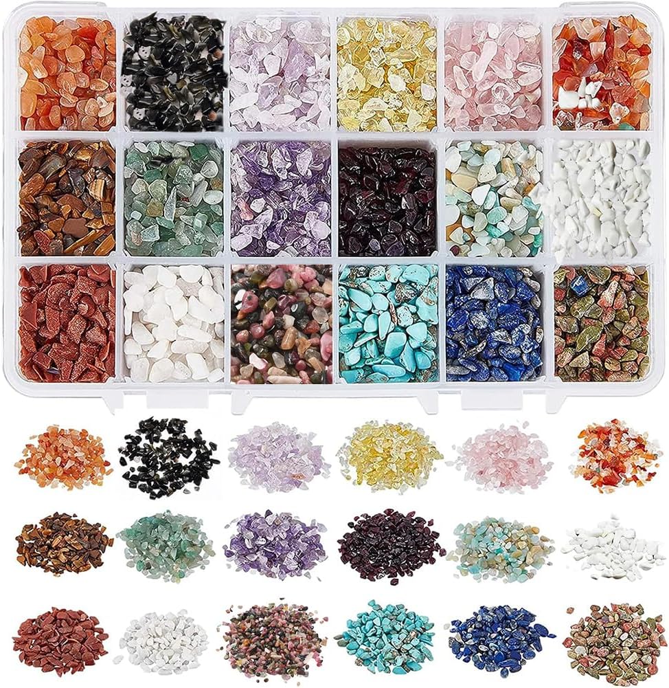 NBEADS 1 Box Gemstone Chip Beads, 18 Styles Undrilled Natural Material Crushed Irregular Chip Stones for Jewelry Making DIY Craft Home Decoration