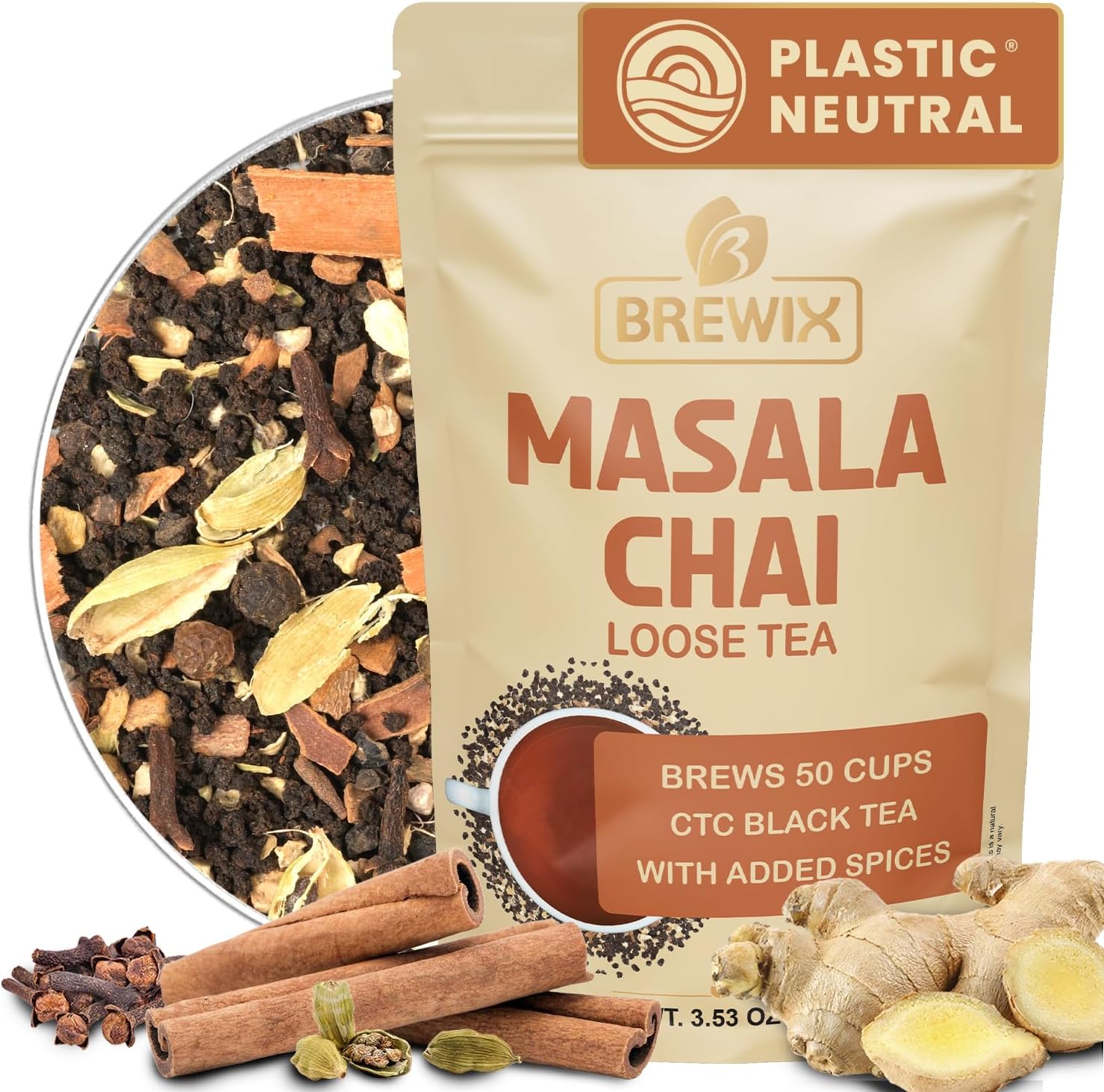 BREWIX, Masala Chai Tea Loose Leaf CTC TEA (50+ Cups, 3.53oz/100g) Strong Robust & Aromatic, All Natural | Blended with Exotic Spices | Ginger, Cinnamon, Cardamom, Clove & Black Pepper