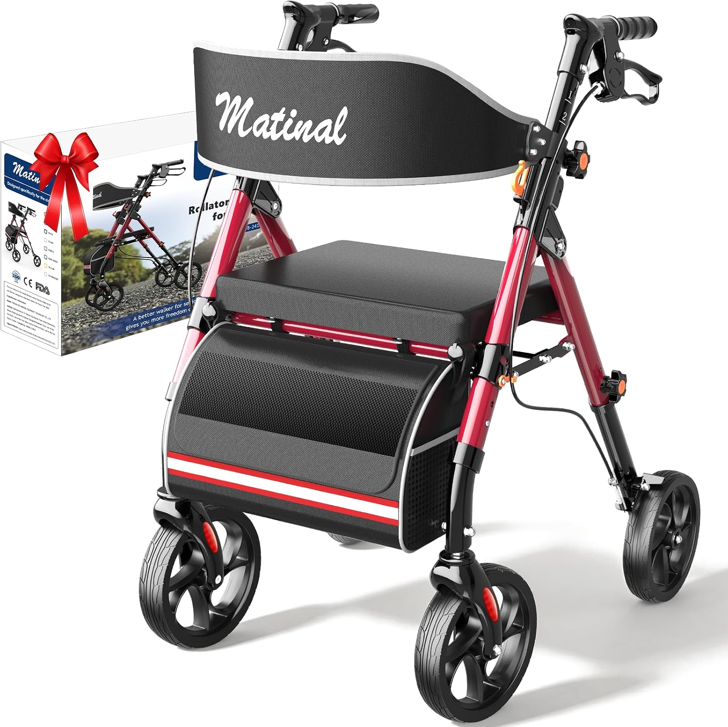 Walkers for Seniors with seat, Rollator Walker with Seat, Walkers for Seniors Foldable, 350 lb Capacity, with 8'' Big Wheels, Rolling Walker (Burgundy)