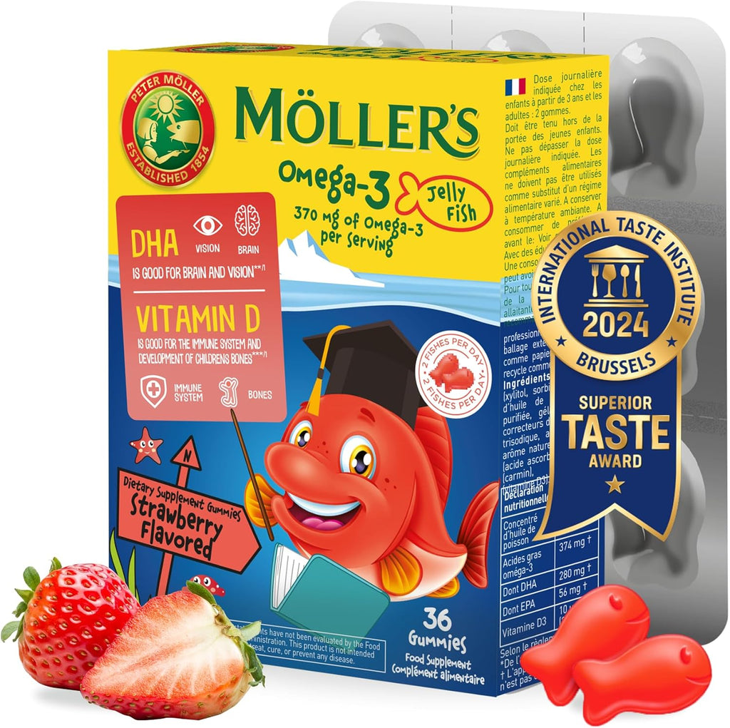 MÖLLER'S Omega 3 Capsules, Natural Fish Oil Omega3 for Kids with DHA and EPA, No Gluten, Lactose or Added Sugar & Easy to Chew, Strawberry Flavor, 36 Capsules
