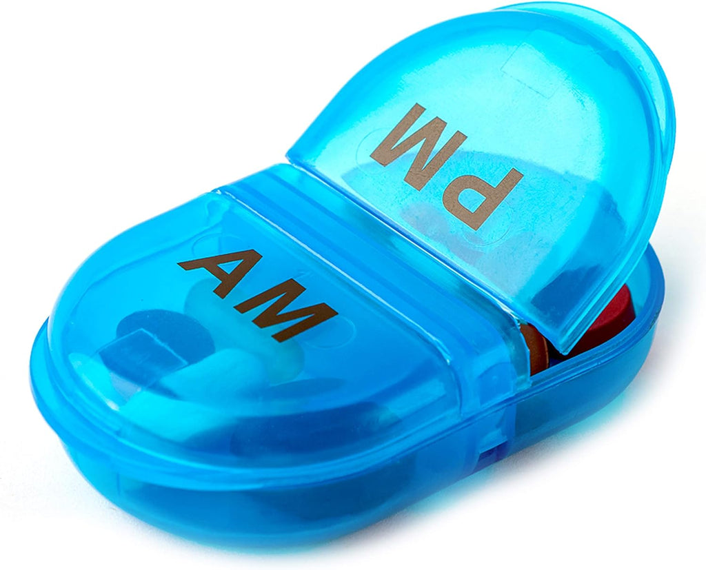 Deke Home - Pill Organizer AM PM, 2 Compartment Pill Box for Pocket or Purse, Small Daily Medicine Case, Travel Pill Holder, Easy Open Pill Container for Seniors, Vitamins & Supplements (Blue)