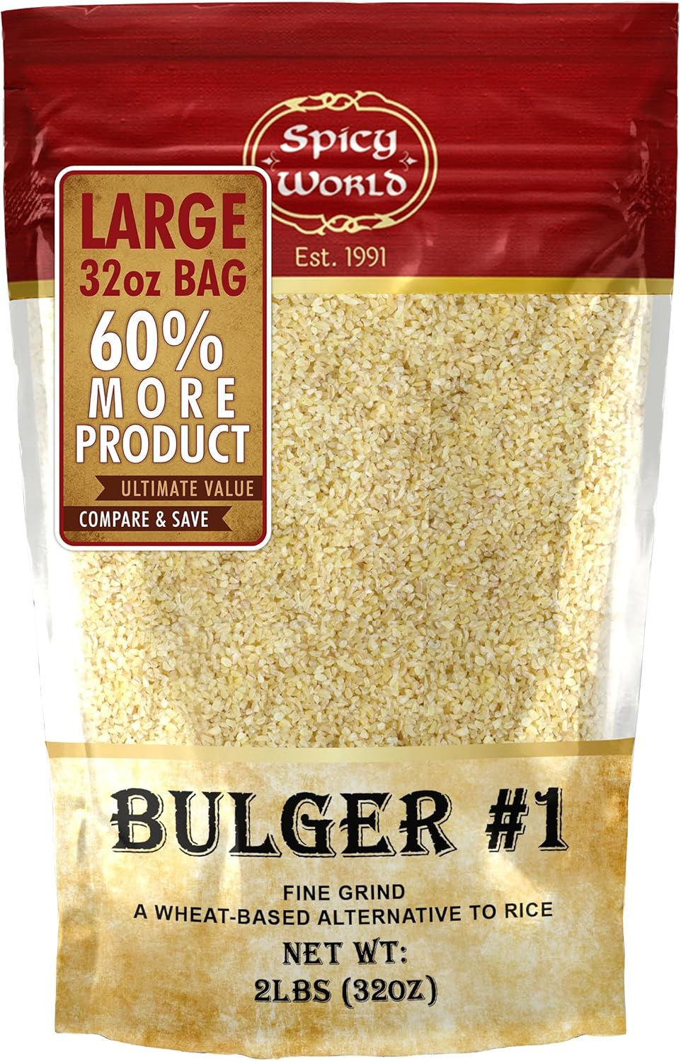 Bulgur Cracked Wheat Fine #1, 2 LB Bag (32oz) | USA Grown Bulgar Wheat for Tabouleh | 100% Natural & Pure | Great for Vegan Recipes by Spicy World