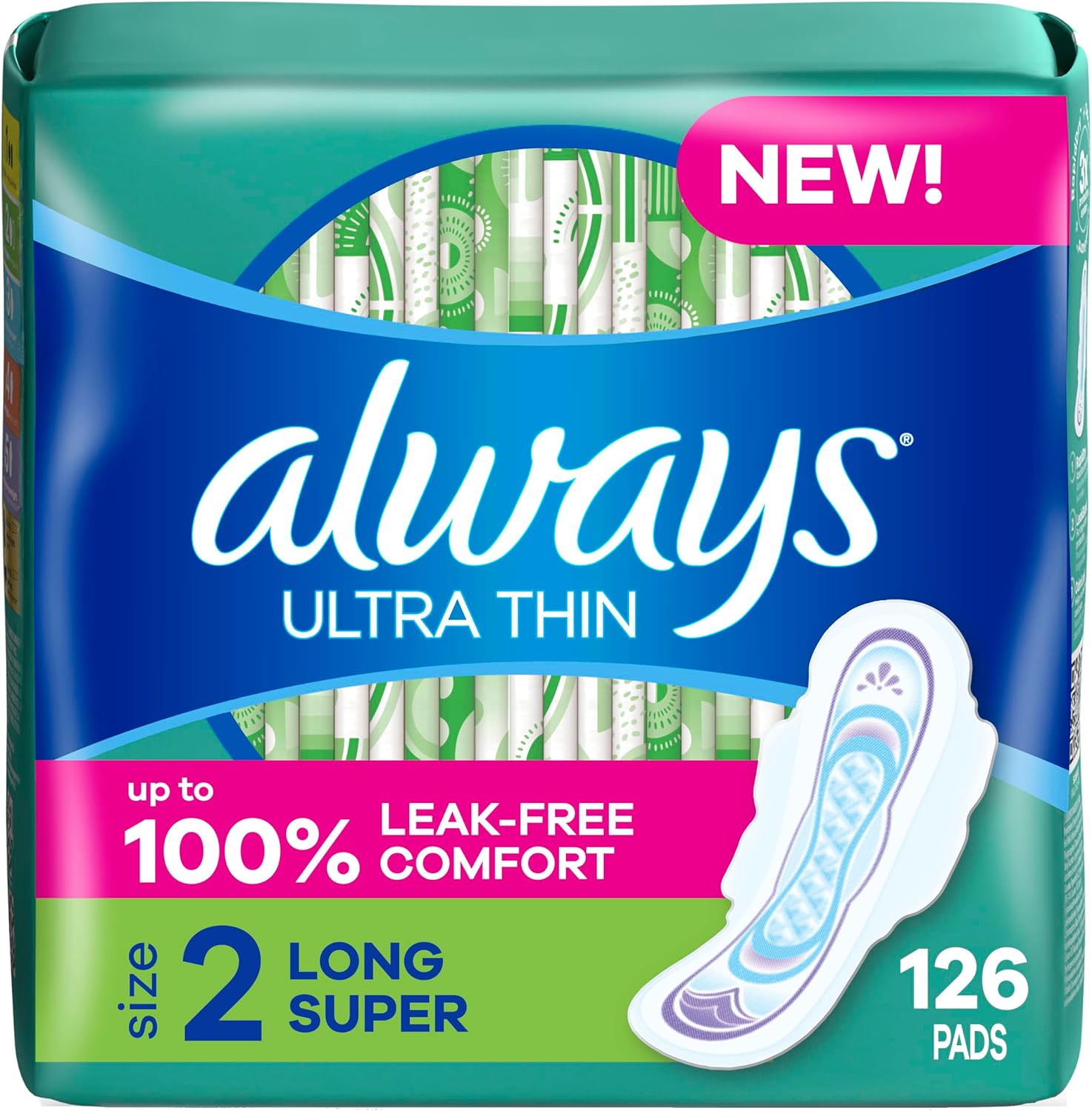 Always Ultra Thin Pads with Wings, Size 2, Long Super, 126 Count (3 Packs of 42)