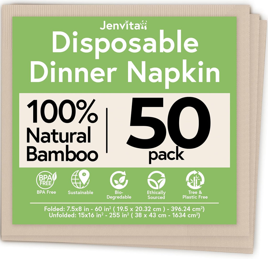 100% Bamboo Compostable Napkins (50-Pack) | Heavy Duty Napkins for Lunch, Dinner, Events, Occasions & Entertaining | Eco Friendly | 3-Ply FSC Certified | Bamboo Paper Towels | 7.5 x 8 Inch