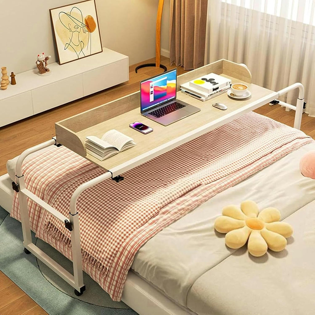 Overbed Table with Wheels, Height Adjustable 65-95cm Computer Desk Standing Workstation Food Tray Desk Rolling Table for Twin/Full/Queen/King Size Bed Frame