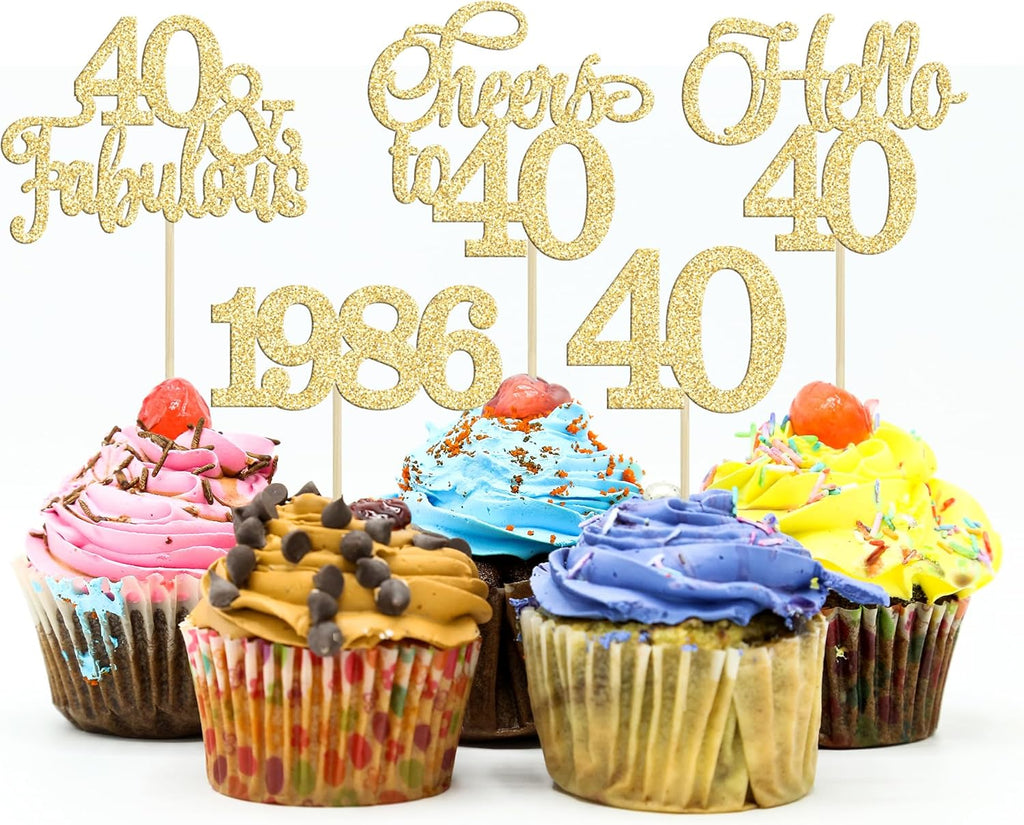 Gyufise 30Pcs 40th Birthday Cupcake Toppers 40 Fabulous Cupcake Picks Cheers to 40 1986 Cake Decorations for Happy 40th Birthday Wedding Anniversary Party Decoration Supplies Gold