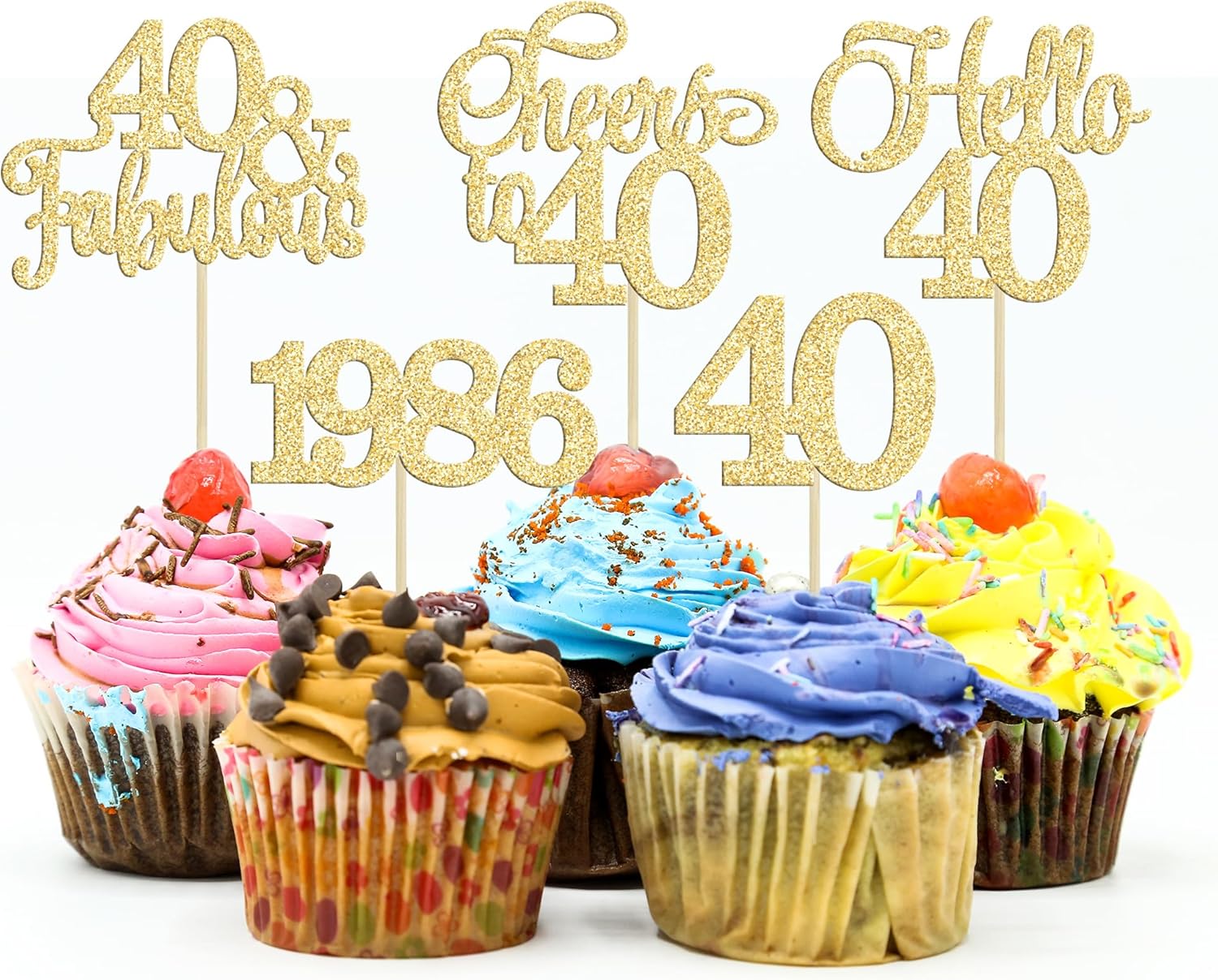 Gyufise 30Pcs 40th Birthday Cupcake Toppers 40 Fabulous Cupcake Picks Cheers to 40 1986 Cake Decorations for Happy 40th Birthday Wedding Anniversary Party Decoration Supplies Gold