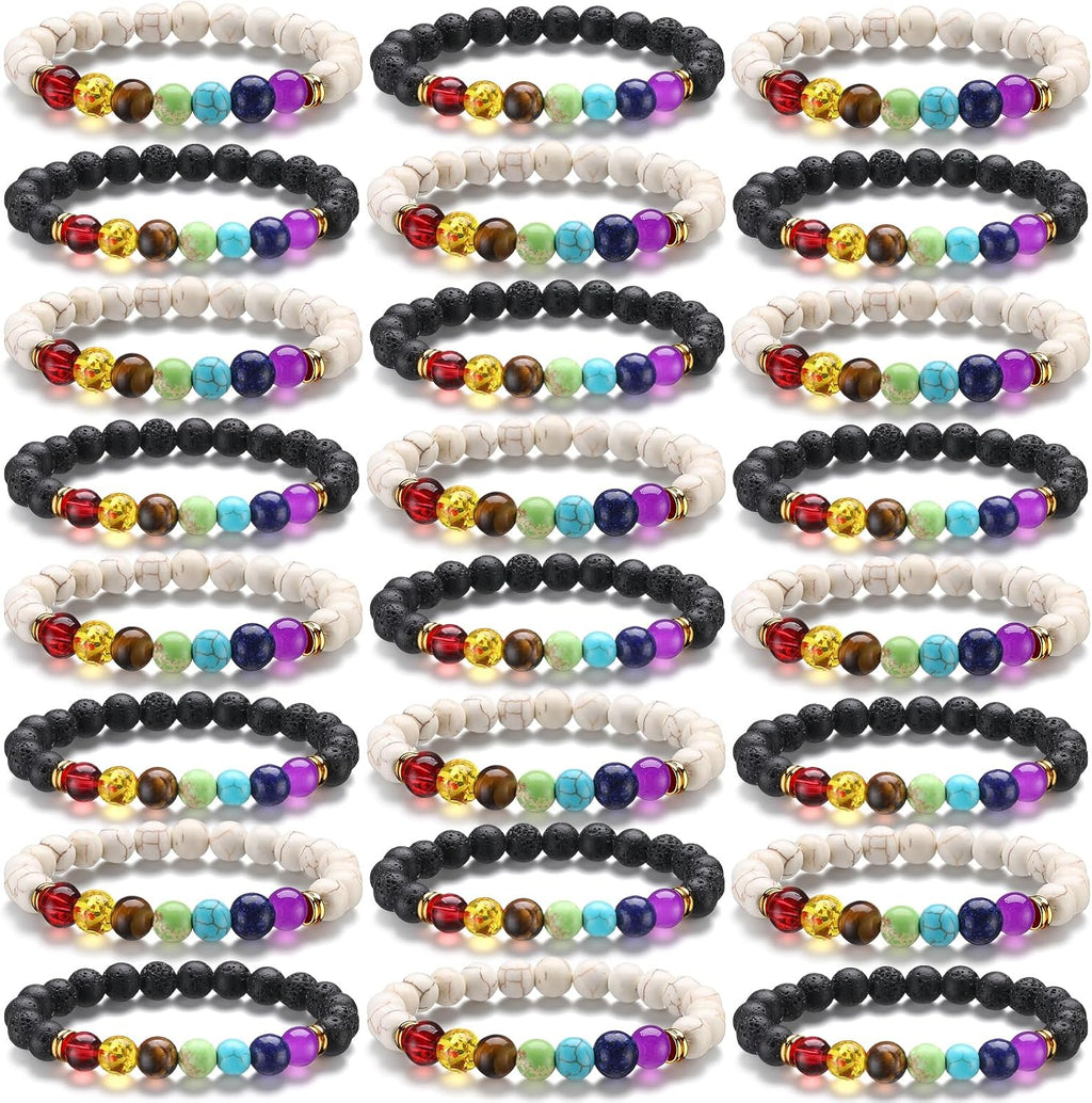Huquary 24 Pcs Chakra Bracelets for Women Volcanic Rock 7 Chakras Crystals and Healing Stones Bracelets 8mm Natural Stone Yoga Beaded Wristlet for Women Men Essential Oil Diffuser
