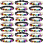 Huquary 24 Pcs Chakra Bracelets for Women Volcanic Rock 7 Chakras Crystals and Healing Stones Bracelets 8mm Natural Stone Yoga Beaded Wristlet for Women Men Essential Oil Diffuser