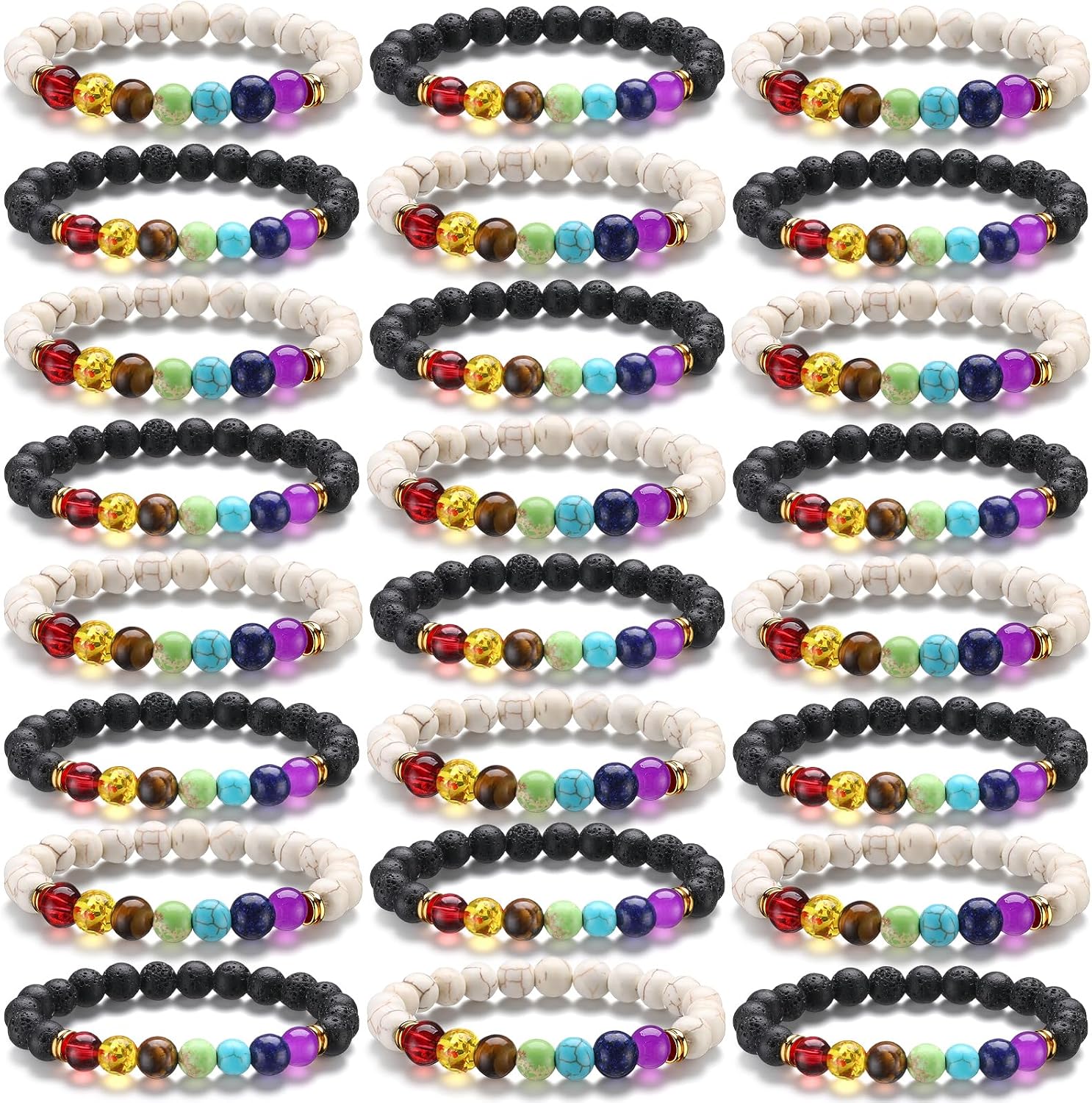 Huquary 24 Pcs Chakra Bracelets for Women Volcanic Rock 7 Chakras Crystals and Healing Stones Bracelets 8mm Natural Stone Yoga Beaded Wristlet for Women Men Essential Oil Diffuser