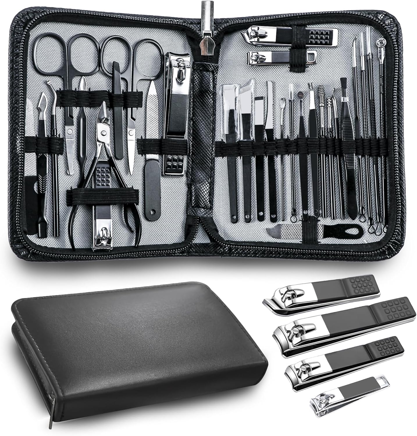 Manicure Pedicure Kit Professional 30pcs Complete Nail Care kit，fingernail and toenail Clippers and Manicure kit for Men with Travel Deluxe Beauty Tools Convenience Set (Black)