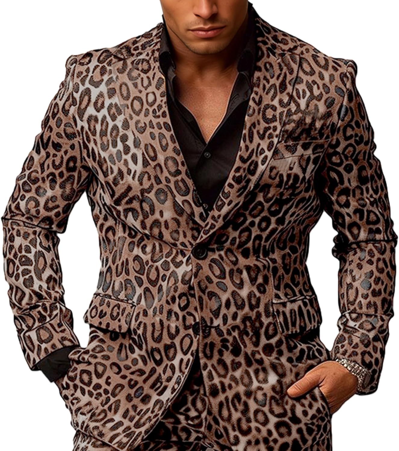 Men's Leopard Slim Fit Blazer Two Button Single Breasted Fashion Business Suit Jacket