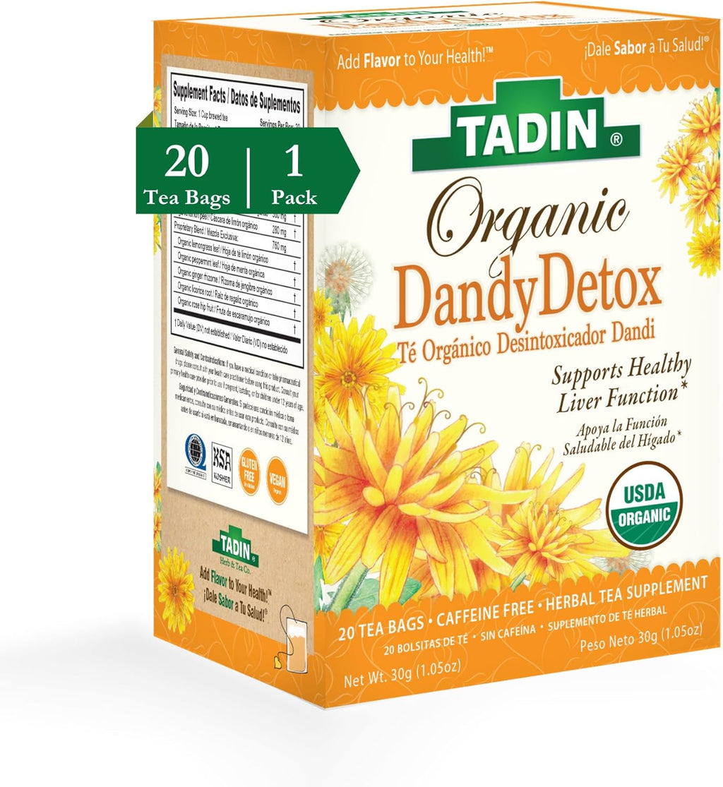 Tadin Organic Dandy Detox Tea with Dandelion Root for Liver Support, Caffeine Free Herbal Tea, 20 Tea Bags Per Box, Pack of 1