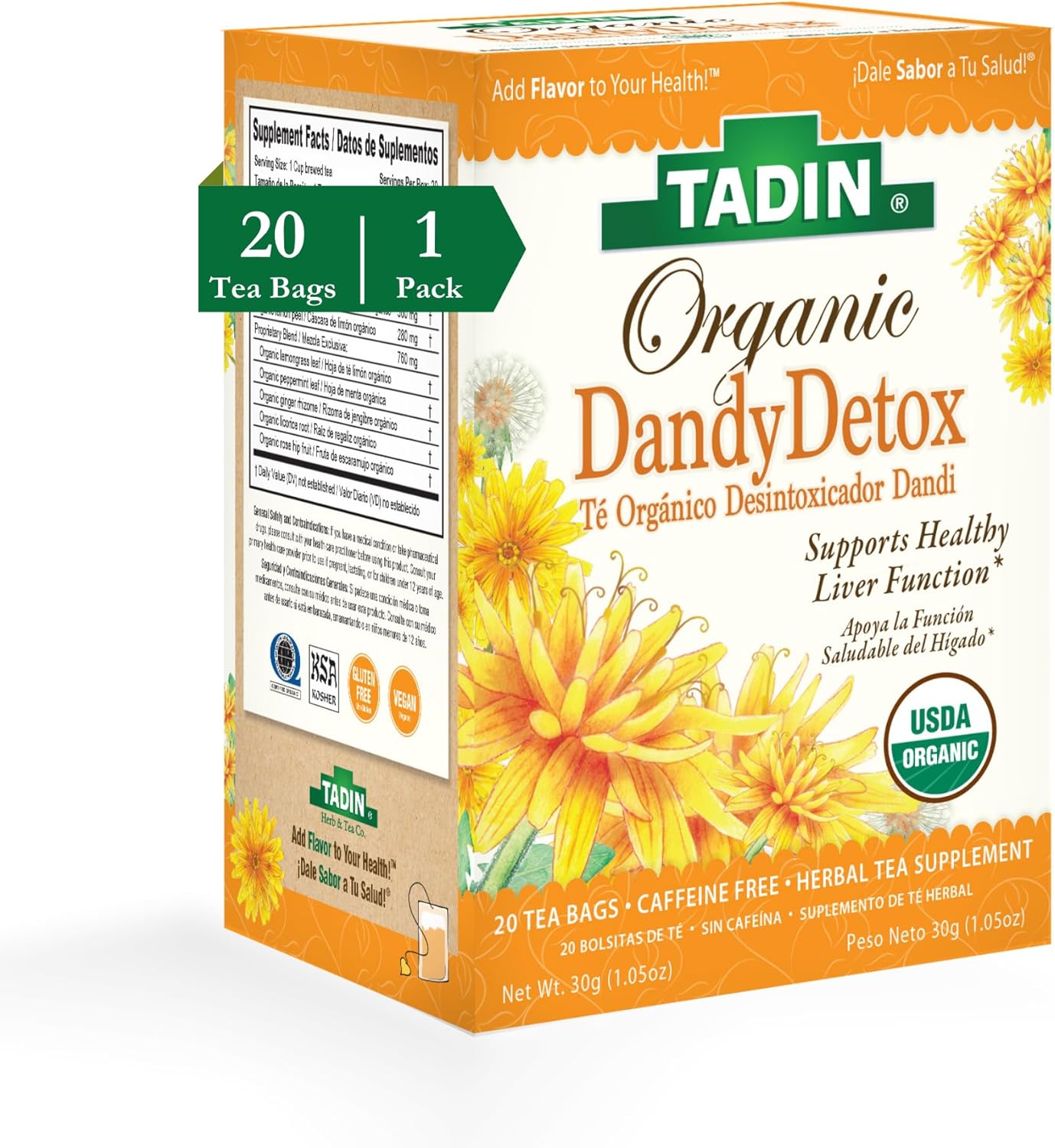 Tadin Organic Dandy Detox Tea with Dandelion Root for Liver Support, Caffeine Free Herbal Tea, 20 Tea Bags Per Box, Pack of 1