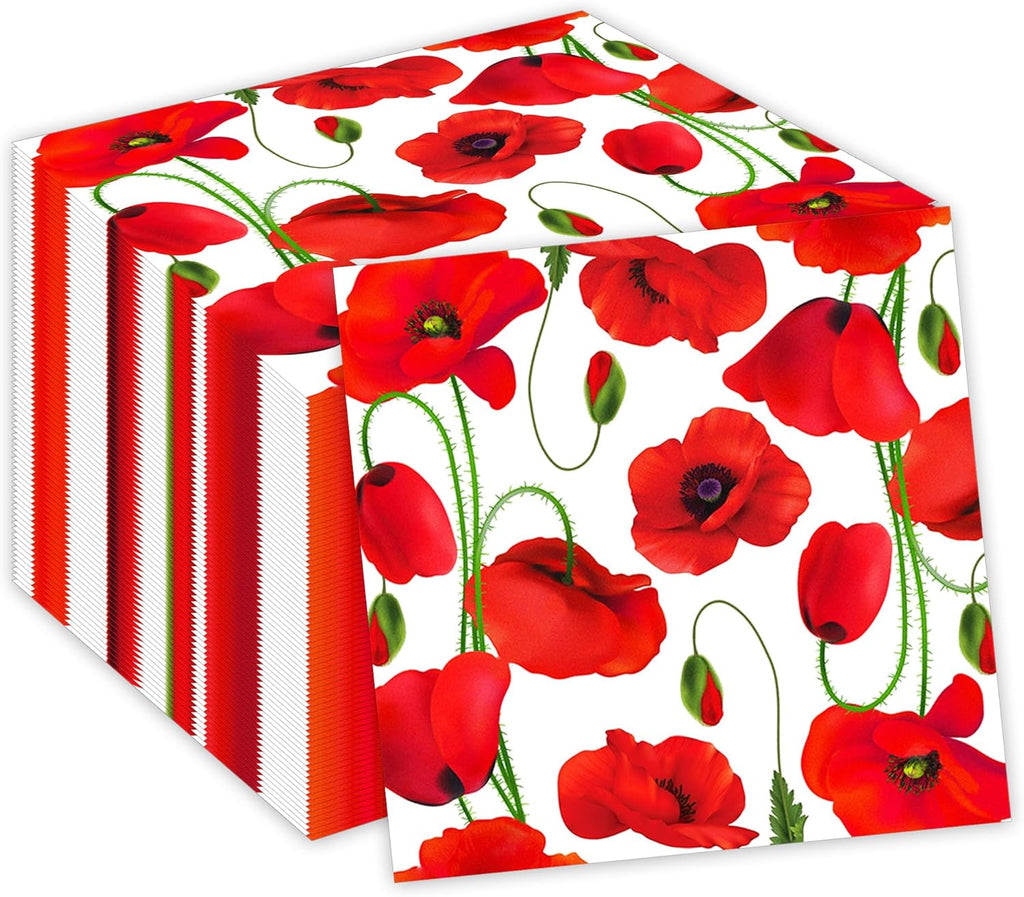 40PCS Poppy Floral Paper Napkins Flowers Paper Napkins Disposable Poppy Floral Party Napkin, Red Poppies Flowers Decorative Luncheon Dinner Guest Napkin for Poppies Party Supplies,6.5" x 6.5"