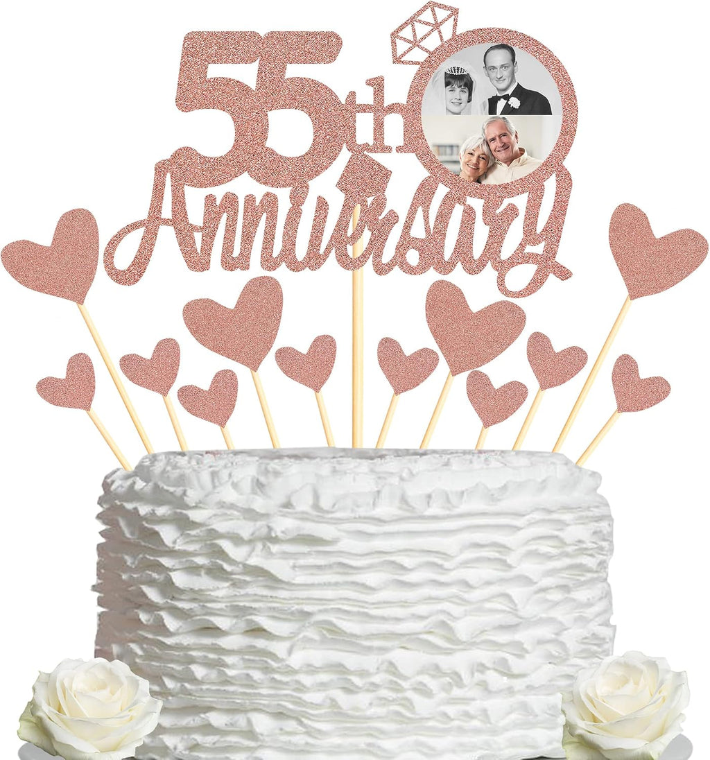 Sumerk 55th Anniversary Cake Topper,13PCS Rose Gold Glitter Cake Toppers Cake Decorations Set for 55th Wedding Anniversary Celebration Party