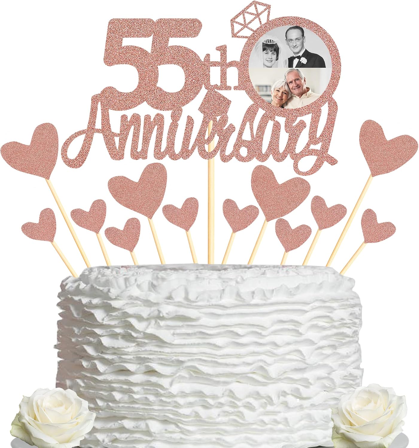 Sumerk 55th Anniversary Cake Topper,13PCS Rose Gold Glitter Cake Toppers Cake Decorations Set for 55th Wedding Anniversary Celebration Party