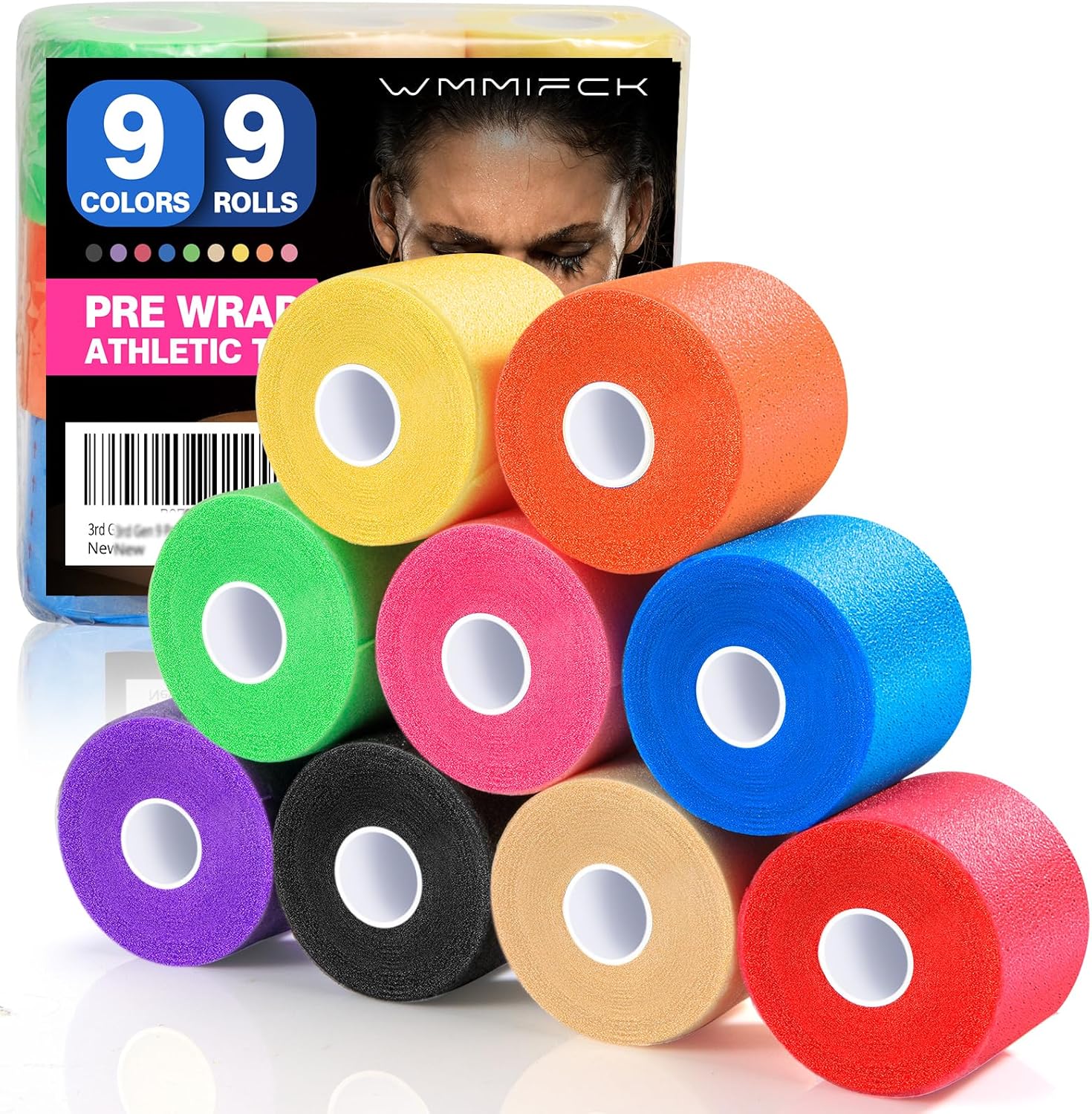 9 Rolls (108 Yards) Pre Wrap Athletic Tape - 9 Colors, 3rd Gen Prewrap for Hair Soccer, Athletic Sports Wrap Foam Underwrap for Headbands, Ankles, Wrists, Hands & Knees
