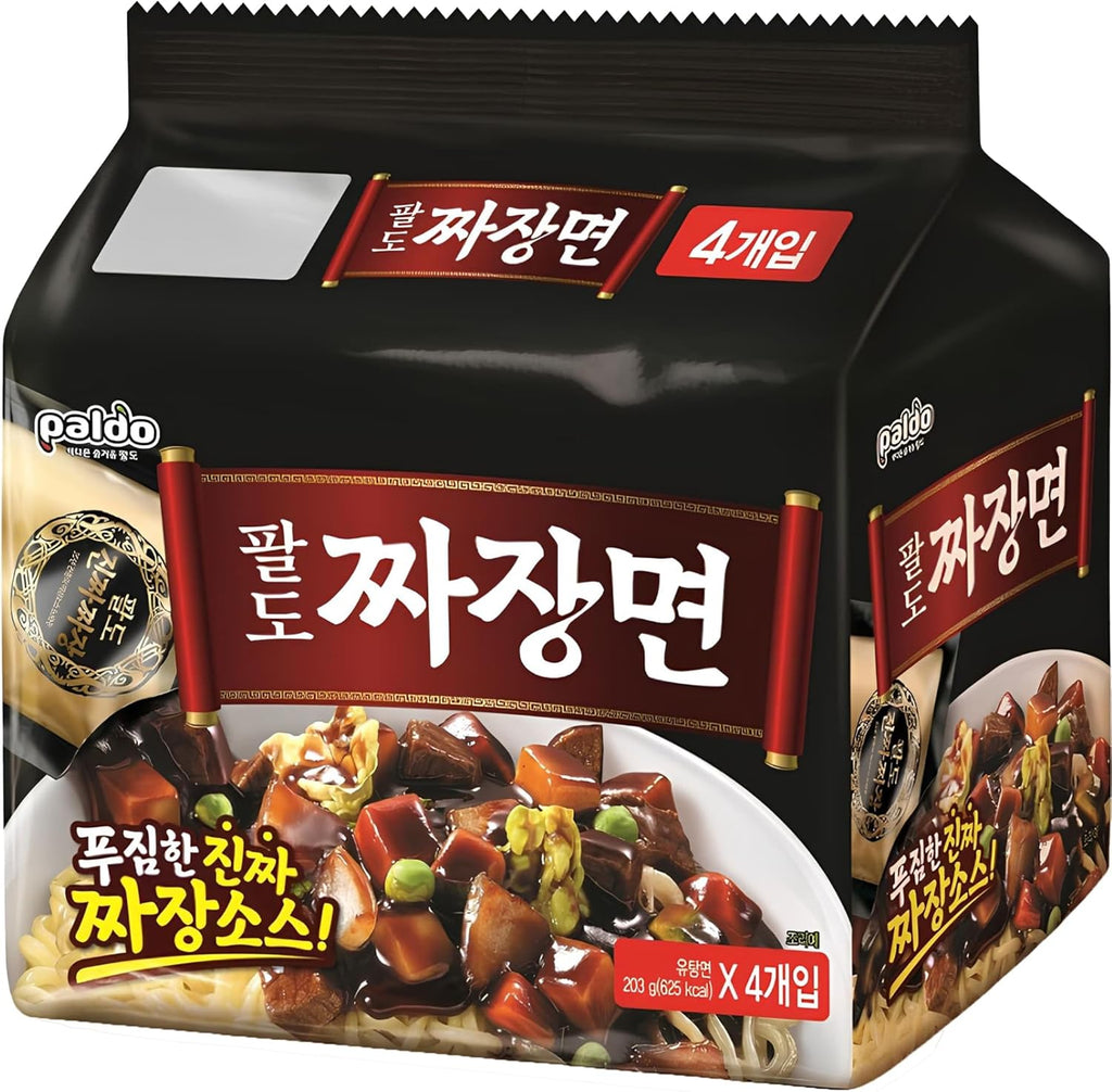 Paldo Fun & Yum Jjajangmen Instant Noodles, Pack of 4, Brothless Chajang Ramen with Savory & Sweet Black Bean Sauce, Oriental Style Korean Ramyun, Soupless K-Food, (Pack of 4)