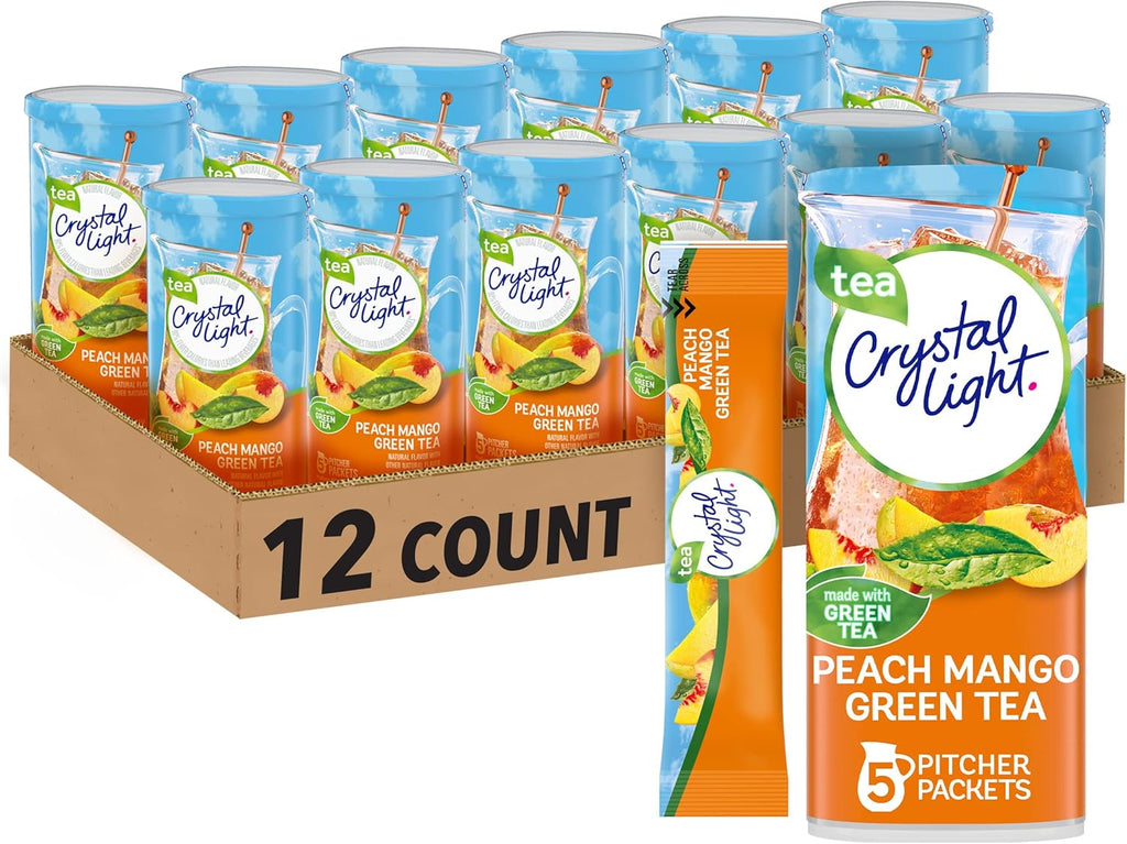 Crystal Light Peach Mango Green Tea Naturally Flavored Powdered Drink Mix, 60 ct Pack, 12 Canisters of 5 Pitcher Packets