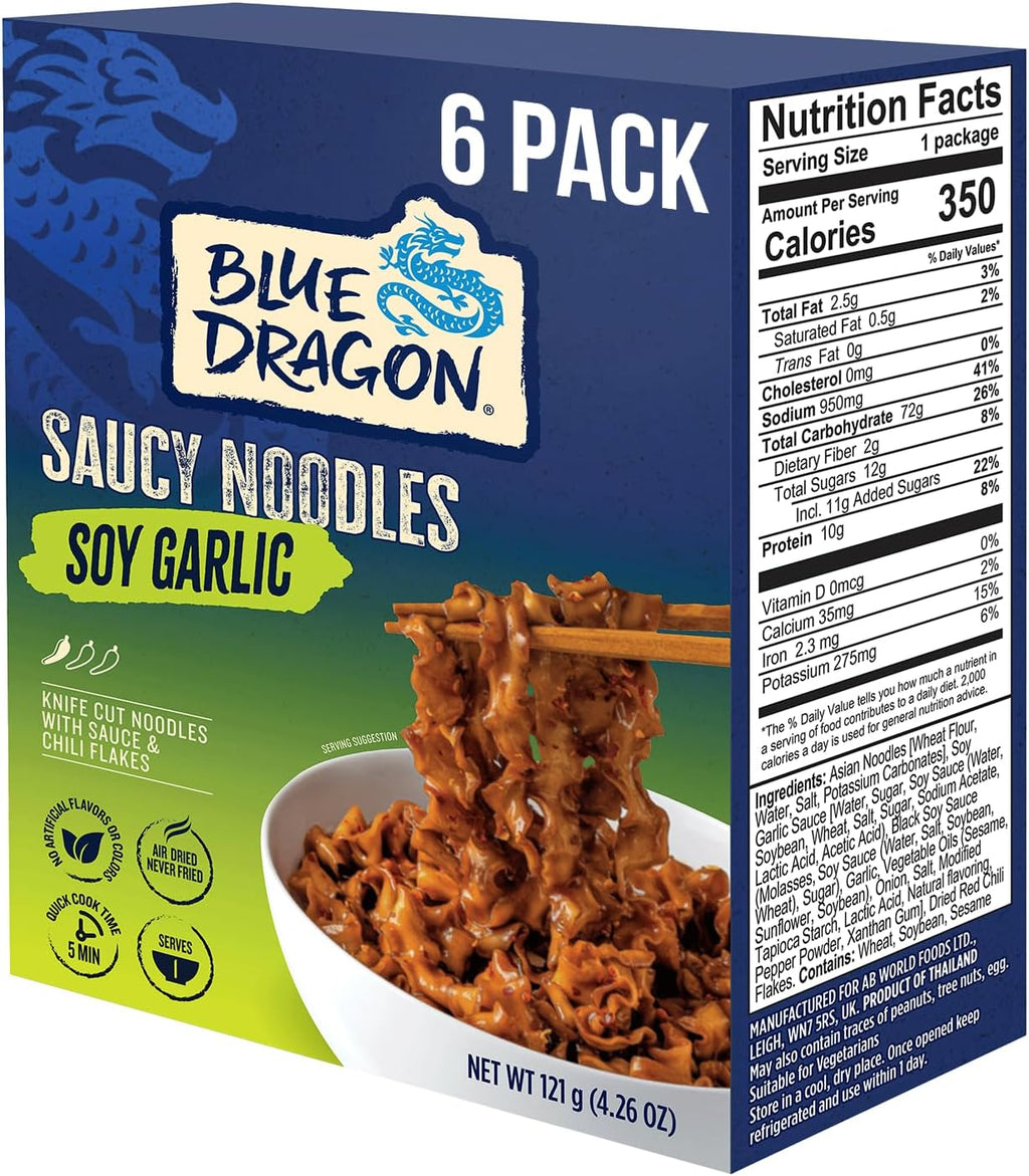 Blue Dragon Soy Garlic Saucy Noodles - 4.2oz (Pack of 6) - Knife Cut Air Dried Noodles w/Soy Garlic Sauce & Chili Garnish - Quick & Easy Meal with Authentic Asian Flavors - Perfect Mild Spicy Noodles