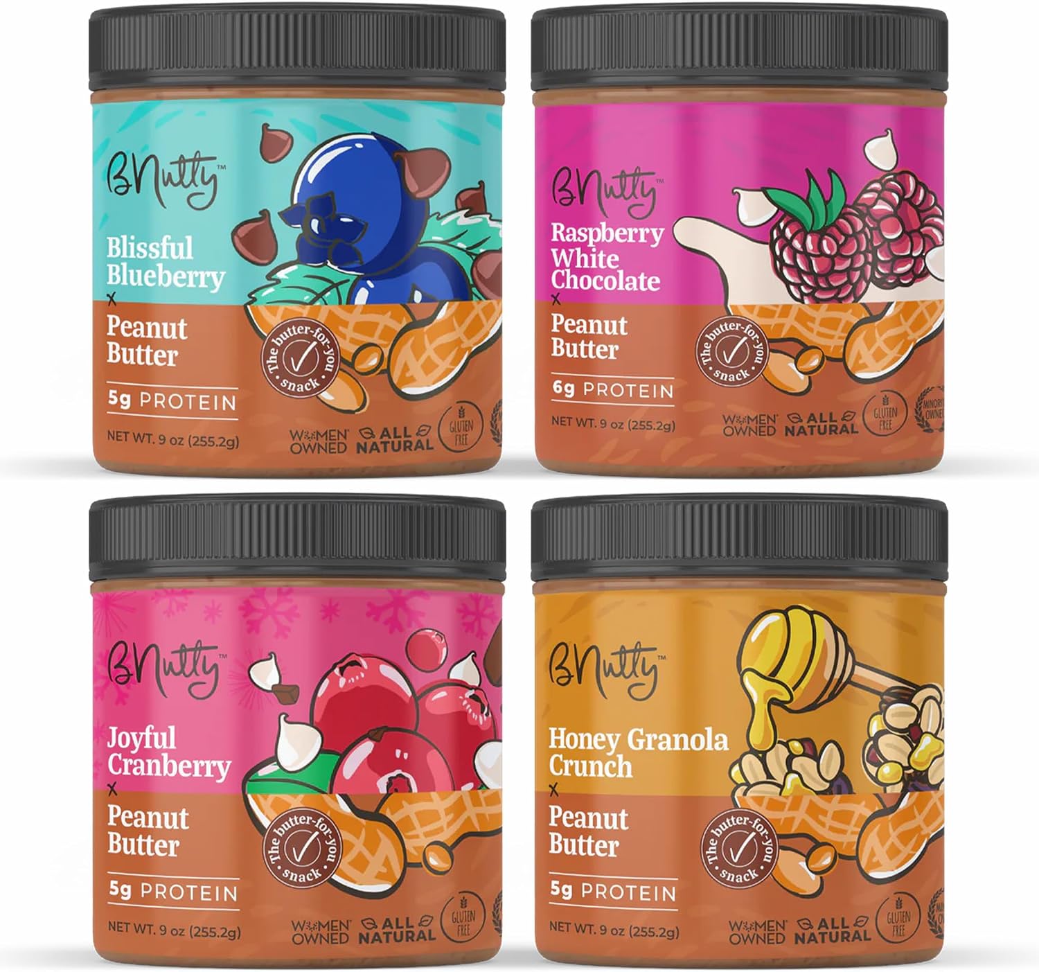 BNutty Fruit Lover's Peanut Butter | Gluten-Free, Natural Ingredients | Assorted Flavors, Smooth & Creamy Peanut Butter | Perfect for Spreads & Snacks | Made in USA | 9oz Jars - 4 Packs
