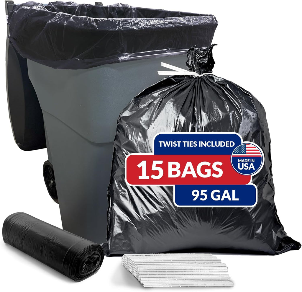 Reli. 95 Gallon Trash Bags Heavy Duty (15 Count) | Black | Twist Ties Included | Extra Tough, Leak-Proof Garbage Bags | Ideal for Large Clean Ups