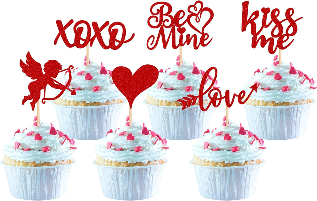 36 Pack Valentine's day Cupcake Toppers Red Glitter Sweet Love Kiss Me Cupid Be Mine Cupcake Food Picks Valentine's Day Theme Wedding Bridal Shower Birthday Party Cake Decorations Supplies