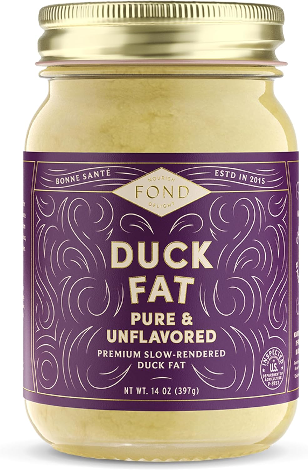 FOND Regenerative Pure Duck Fat for Cooking - 14oz Pure & Unflavored Rendered Duck Fat, High Smoke Point Oil for Searing, Roasting, Sautéing - Keto & Paleo Friendly, Neutral Buttery Flavor & Non-GMO