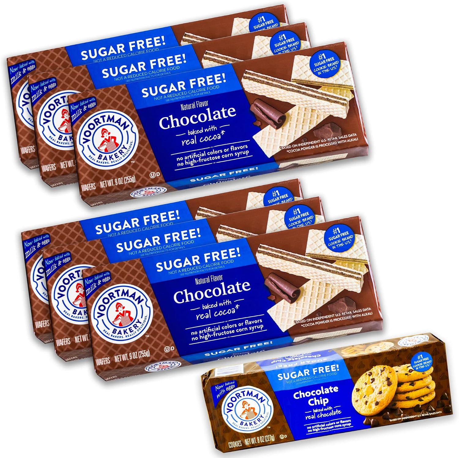 Voortman Sugar Free Chocolate Wafers (6, 9oz packs) - Variety Pack - Chocolate Chip (1, 8oz pack)- Made with Real Cocoa Chocolate - 7 Items Total