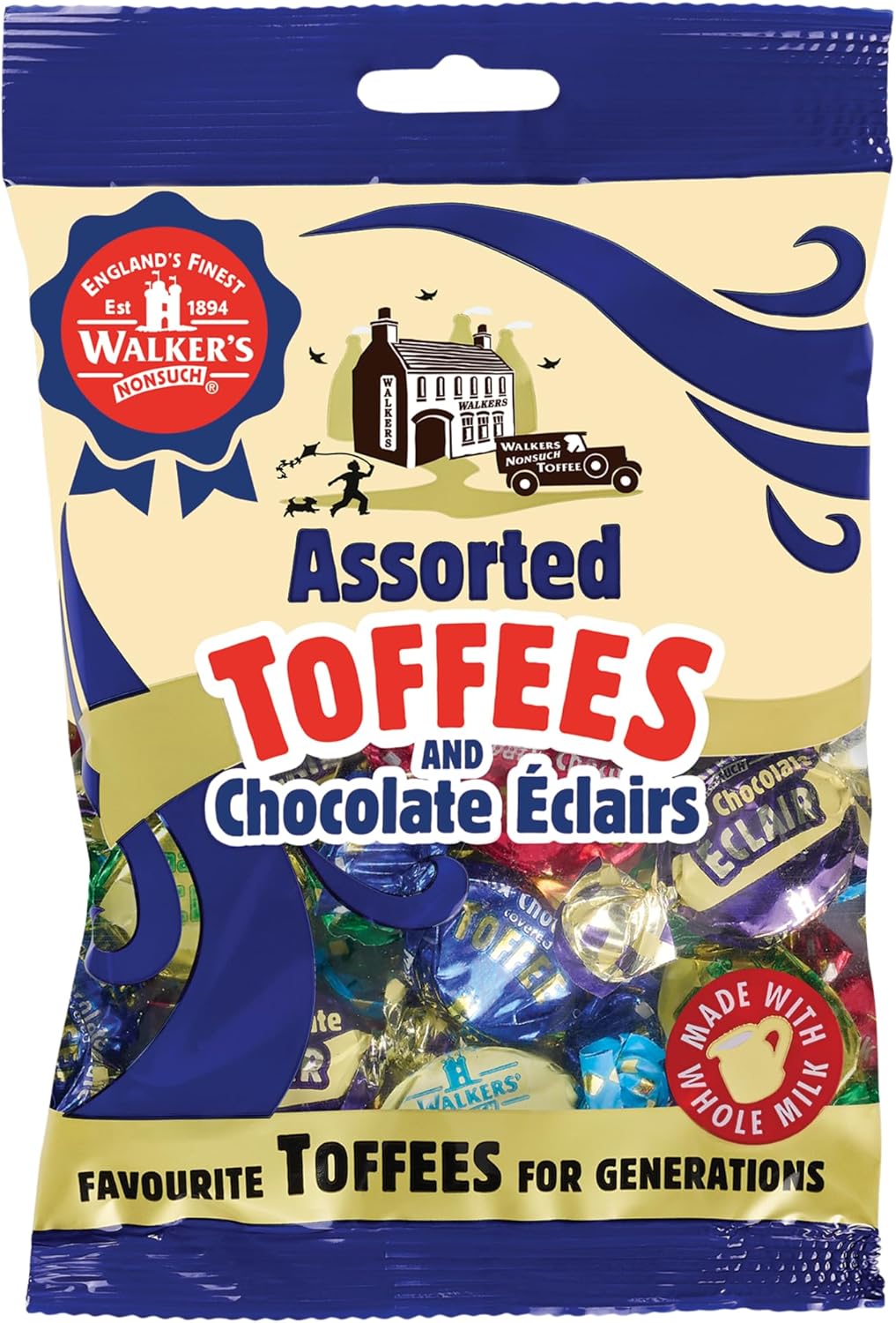 Walkers' Nonsuch Assorted Toffees & Chocolate Éclairs | Contains English Creamy, Milk & Dark Chocolate Covered, Banana Split & Milk Toffees | Traditional British Candy | 5.29 Oz (150g)