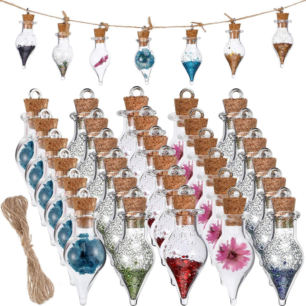 Patelai 30 Pieces Tiny Glass Bottles with Cork Mini Glass Potion Bottles with Lids Clear Small Wishing Jars with 20 Meters Hanging Rope or Birthday Party Favors DIY Art Crafts(Teardrop-Shaped)