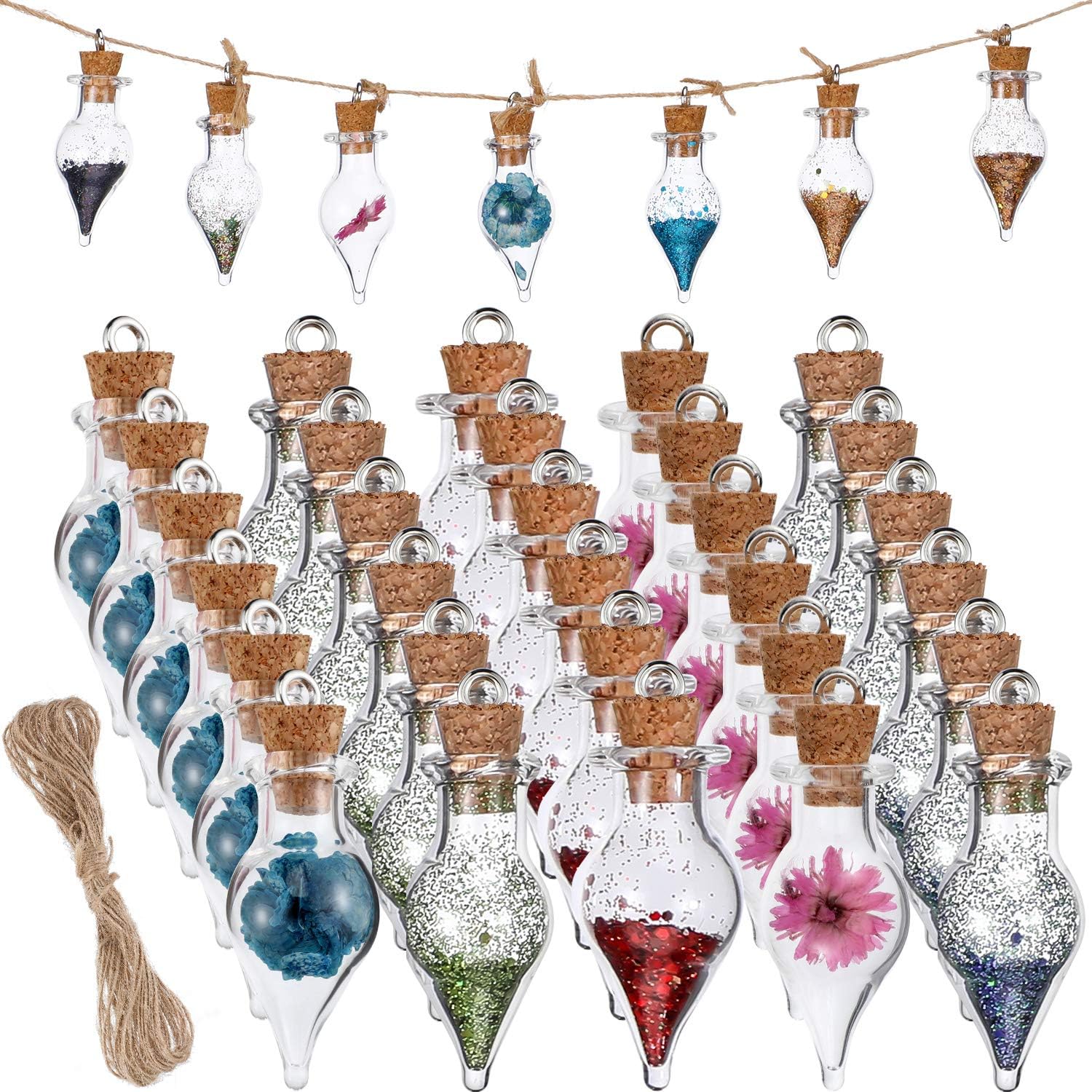 Patelai 30 Pieces Tiny Glass Bottles with Cork Mini Glass Potion Bottles with Lids Clear Small Wishing Jars with 20 Meters Hanging Rope or Birthday Party Favors DIY Art Crafts(Teardrop-Shaped)