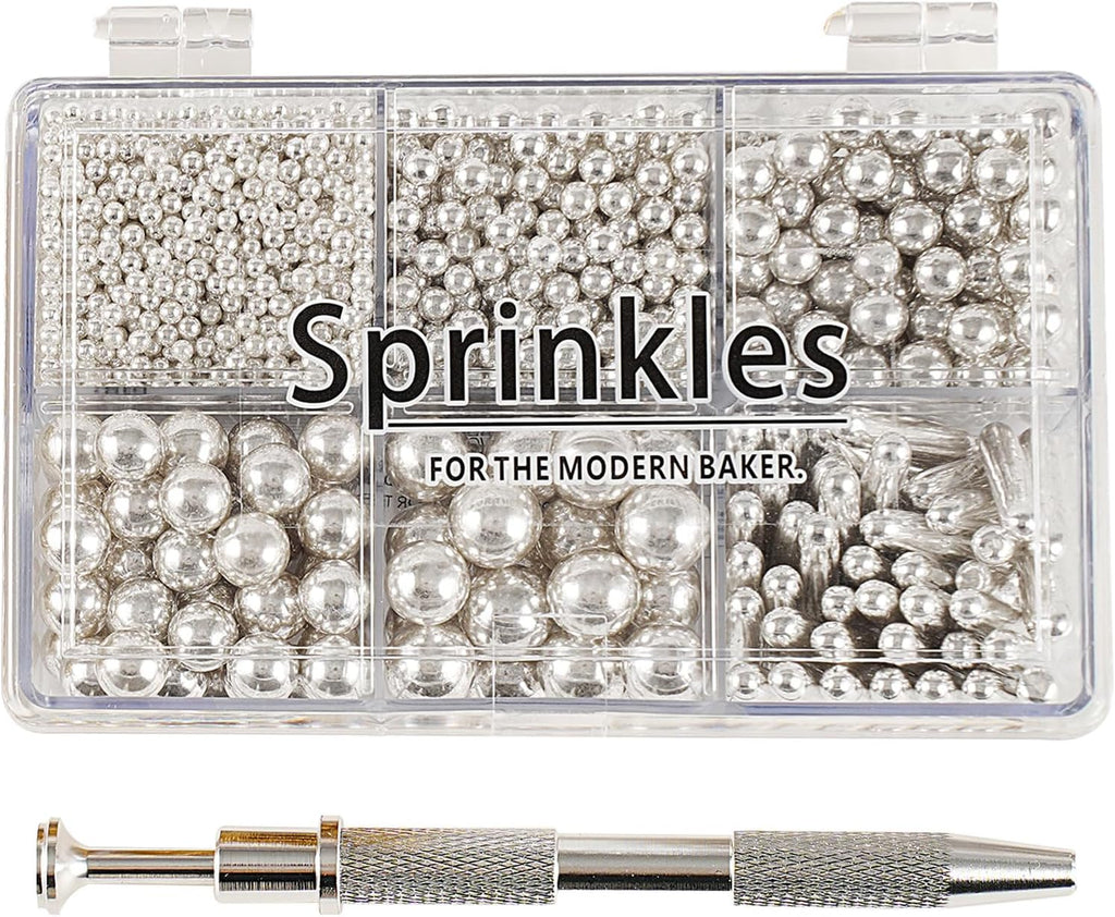Kasvan silver Mix Sugar Sprinkles - Edible Candy Pearls with 4-Claw Sprinkle Pen,118g/4.16 Oz, Gift Box Pack, Baking Cake Decorations, Ice Cream Toppings and Cookie Decorating, Wedding Party Chirstmas Supplies
