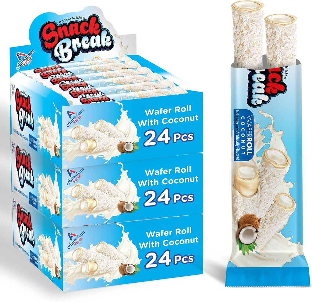 Snack Break Coconut Rolled Wafers - 24 Individually Wrapped Wafer Rolls (Pack of 3) with Creamy Coconut Filling - Snacks for Kids & Adults