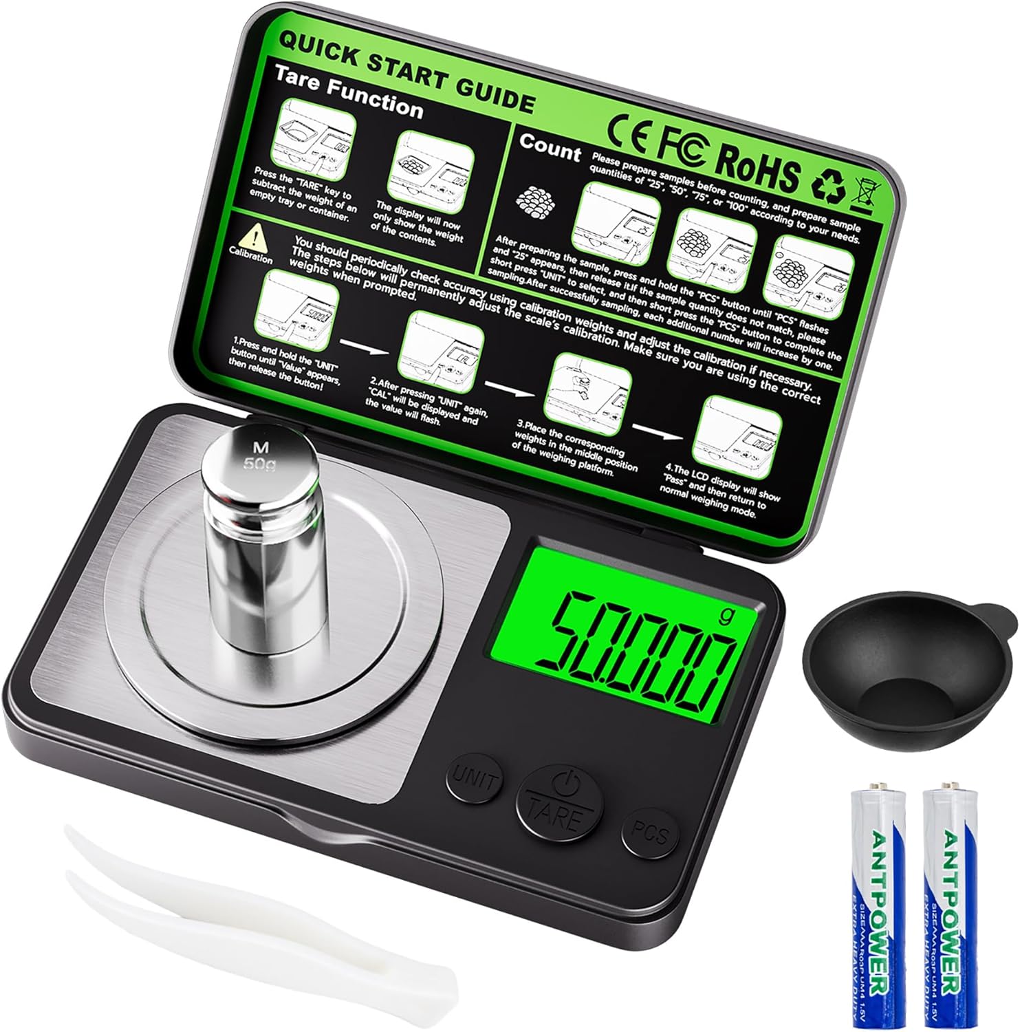 Wigearss Digital Milligram Scale 50g x 0.001g, Mini Precision Scale with Tare weight Function,Calibration Weight ＆ Backlit LCD Display, Pocket Micro Scale for Weighing Powder, Gold, Jewelry, Mini Food