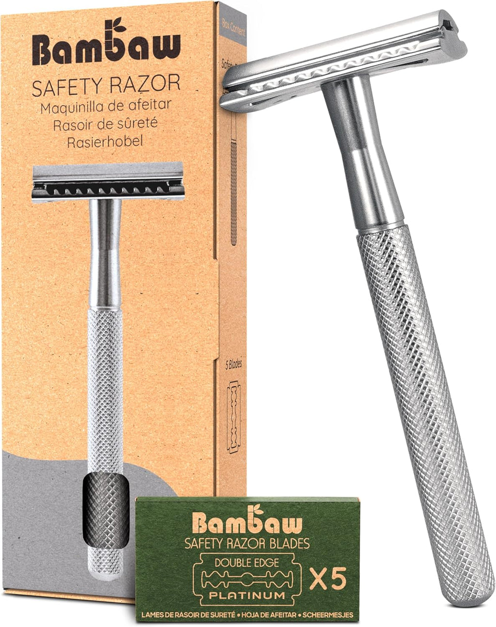 Bambaw Double Edge Safety Razor for Men & Women, Metal Razor with 5 Double Edge Safety Razor Blades, Eco-Friendly Razor – Silver
