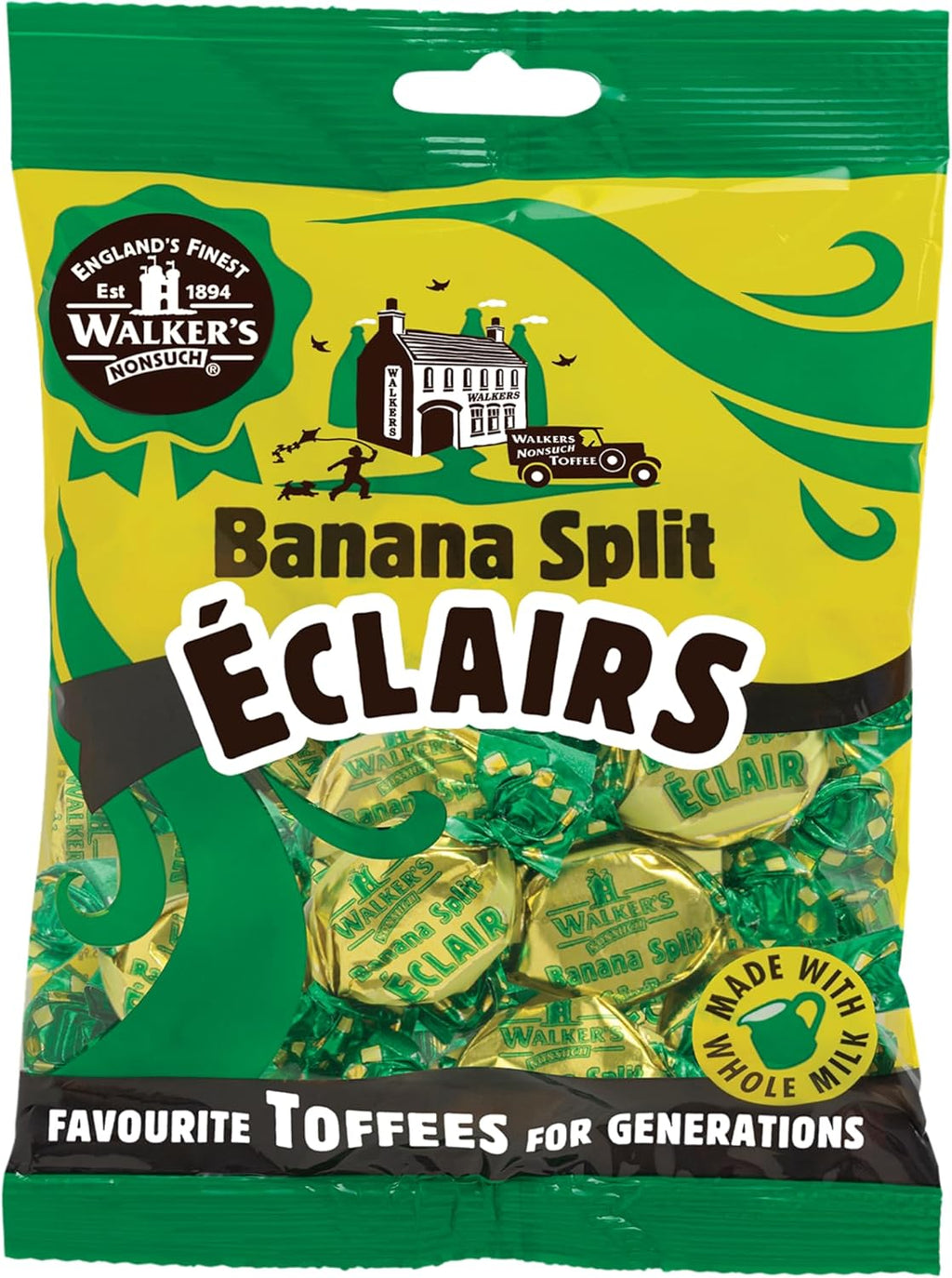 Walkers Nonsuch Banana Split Eclairs Bag 5.29 Oz (150g) – British Toffee Candy with Condensed Milk & White Chocolate, Imported UK Banana Taffy Caramel Sweets, Individually Wrapped English Toffee