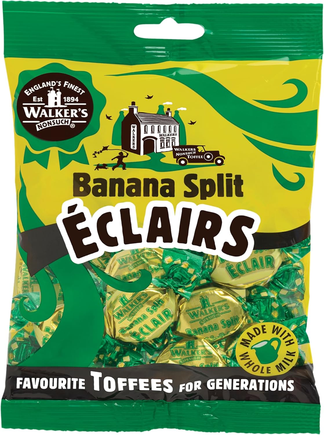 Walkers Nonsuch Banana Split Eclairs Bag 5.29 Oz (150g) – British Toffee Candy with Condensed Milk & White Chocolate, Imported UK Banana Taffy Caramel Sweets, Individually Wrapped English Toffee